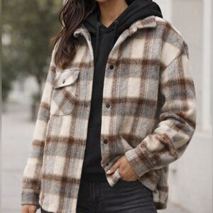 Love Poem Women's Plaid Jacket with built in hood - Brown and Gray